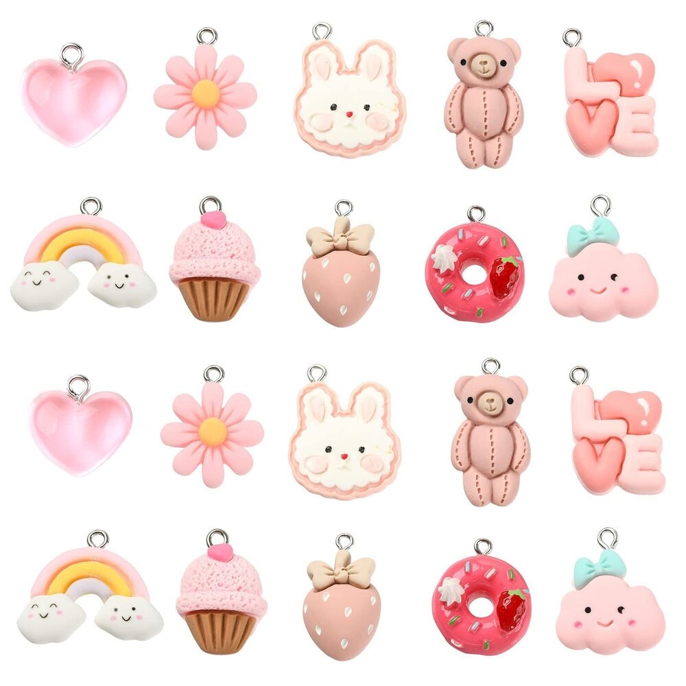 4529 30 Pcs 10 Styles Pink Charms Rabbit Heart Strawberry Donut Bear